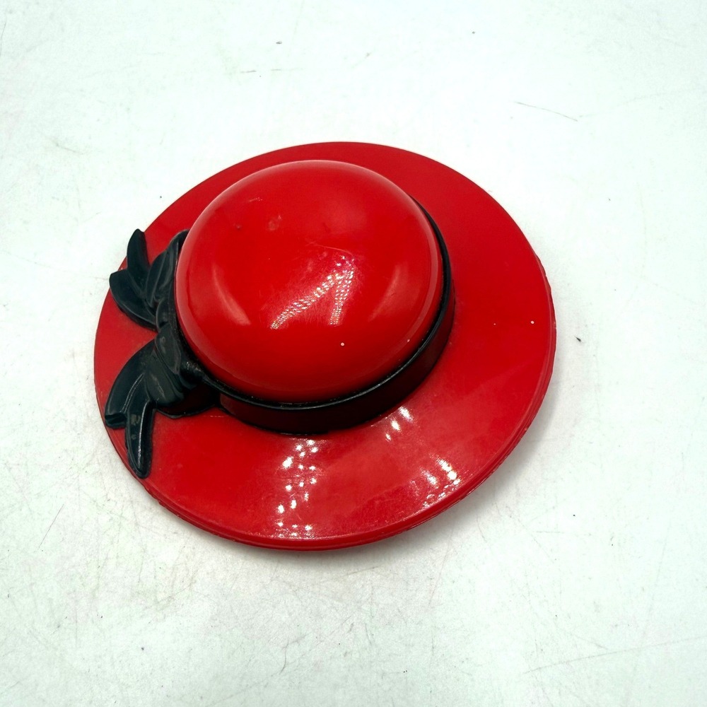 Vintage Red Plastic Sun Hat Brooch Pin Black Ribbon Bow Retro Kitsch Taiwan